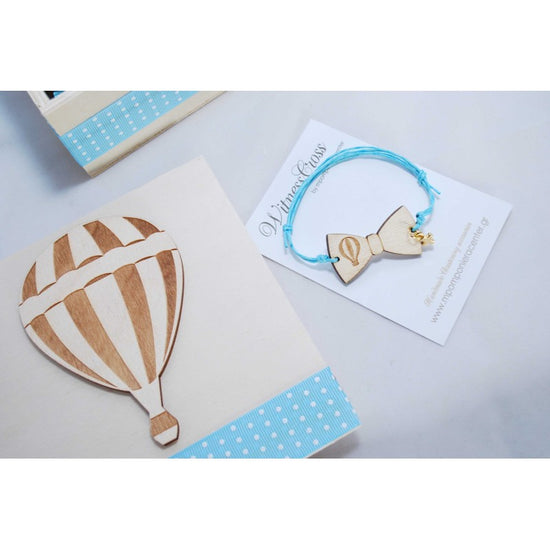 Μαρτυρικό αερόστατο παπιγιόν βραχιόλι ξύλινο με χάραξη & με χρυσό σταυρό