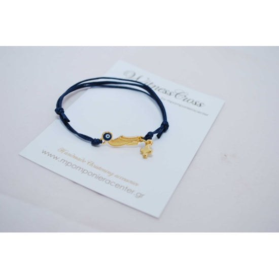 Μαρτυρικό βραχιόλι τσαρούχι με μάτι σμάλτου με σταυρό μεταλλικό.