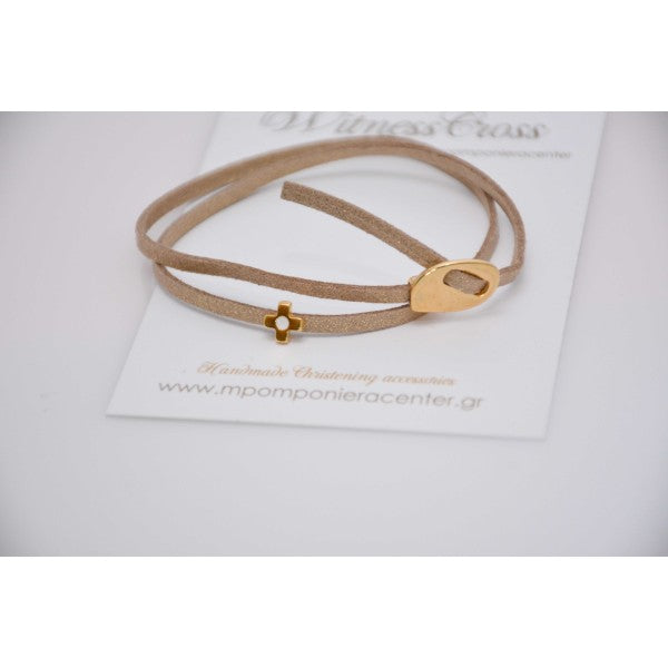 Μαρτυρικό βραχιόλι με ιδιαίτερο σουέντ κορδόνι μπεζ, περαστό σταυρό με σμάλτο λευκό 