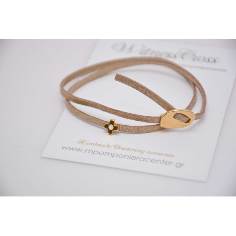 Μαρτυρικό βραχιόλι με ιδιαίτερο σουέντ κορδόνι μπεζ, περαστό σταυρό με σμάλτο λευκό 