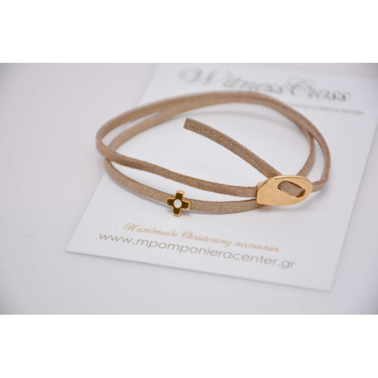 Μαρτυρικό βραχιόλι με ιδιαίτερο σουέντ κορδόνι μπεζ, περαστό σταυρό με σμάλτο λευκό 