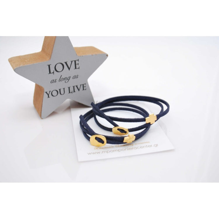 Μαρτυρικό βραχιόλι με ιδιαίτερο σουέτ κορδόνι , περαστό σταυρό και κούμπωμα