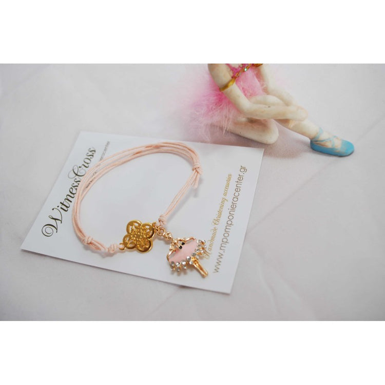 Μαρτυρικό βραχιόλι με μπαλαρίνα ροζ και ιδιαίτερο σταυρό χρυσό