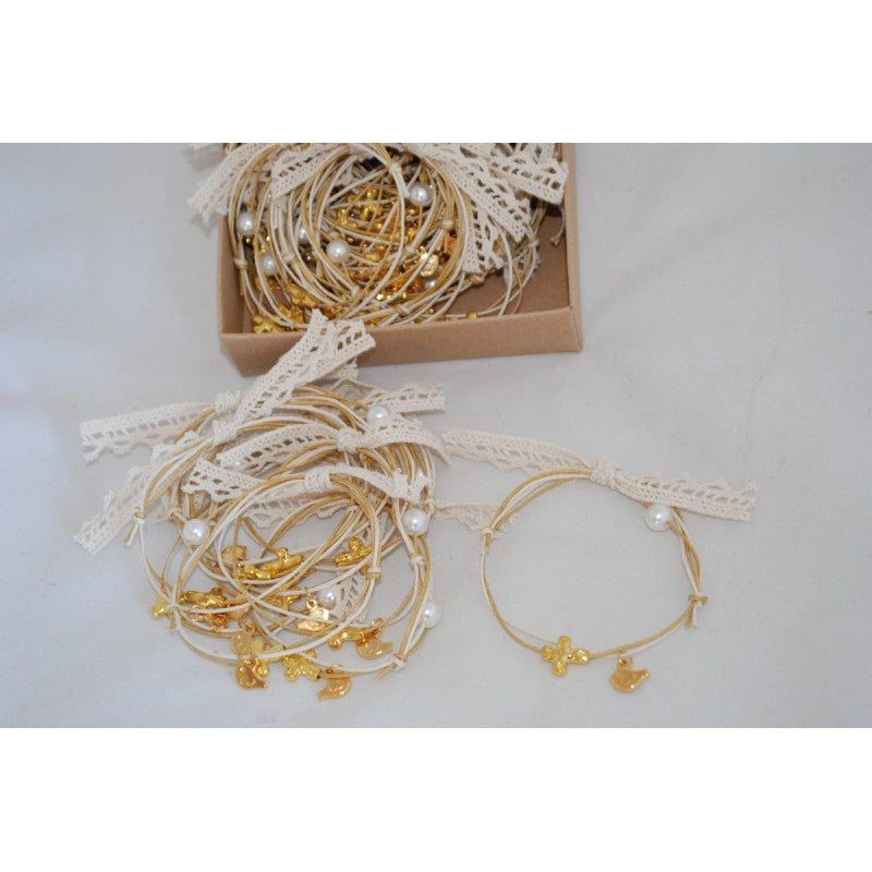 Μαρτυρικό βραχιόλι με χρυσό σταυρό &amp; πουλάκι σε φυσικές αποχρώσεις τα κορδόνια και δαντέλα