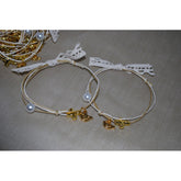 Μαρτυρικό βραχιόλι με χρυσό σταυρό &amp; πουλάκι σε φυσικές αποχρώσεις τα κορδόνια και δαντέλα