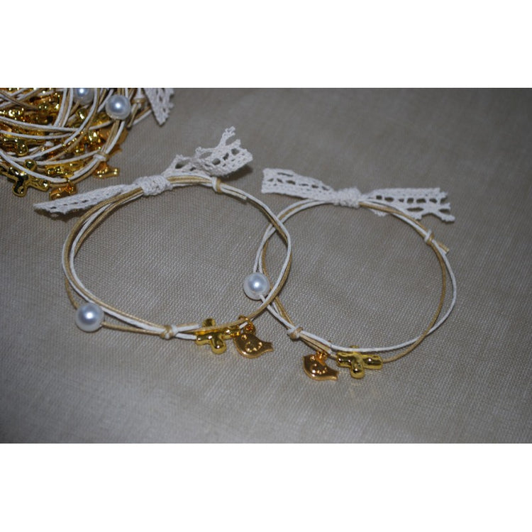 Μαρτυρικό βραχιόλι με χρυσό σταυρό &amp; πουλάκι σε φυσικές αποχρώσεις τα κορδόνια και δαντέλα