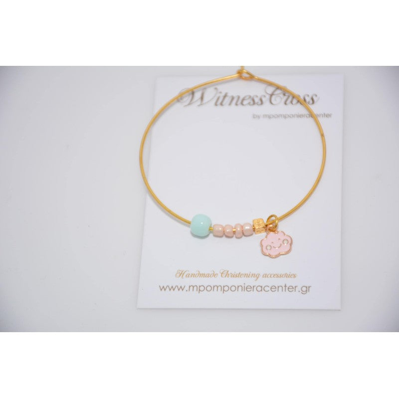 Μαρτυρικό βραχιόλι με συννεφάκι - σταυρό και χαντρούλες ροζ-βεραμάν
