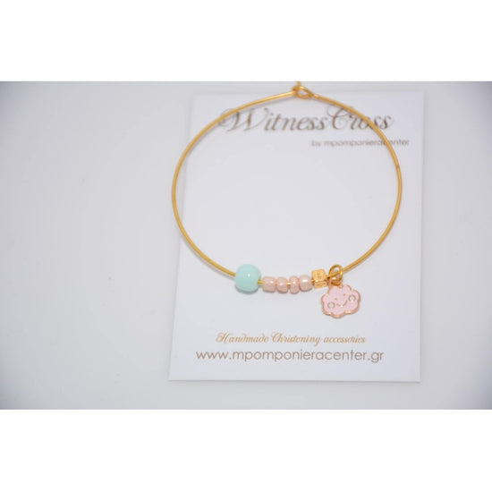 Μαρτυρικό βραχιόλι με συννεφάκι - σταυρό και χαντρούλες ροζ-βεραμάν