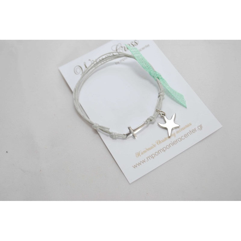 Μαρτυρικό βραχιόλι με αστερία σε γκρί κορδόνι και διακοσμητική κορδέλα βεραμάν