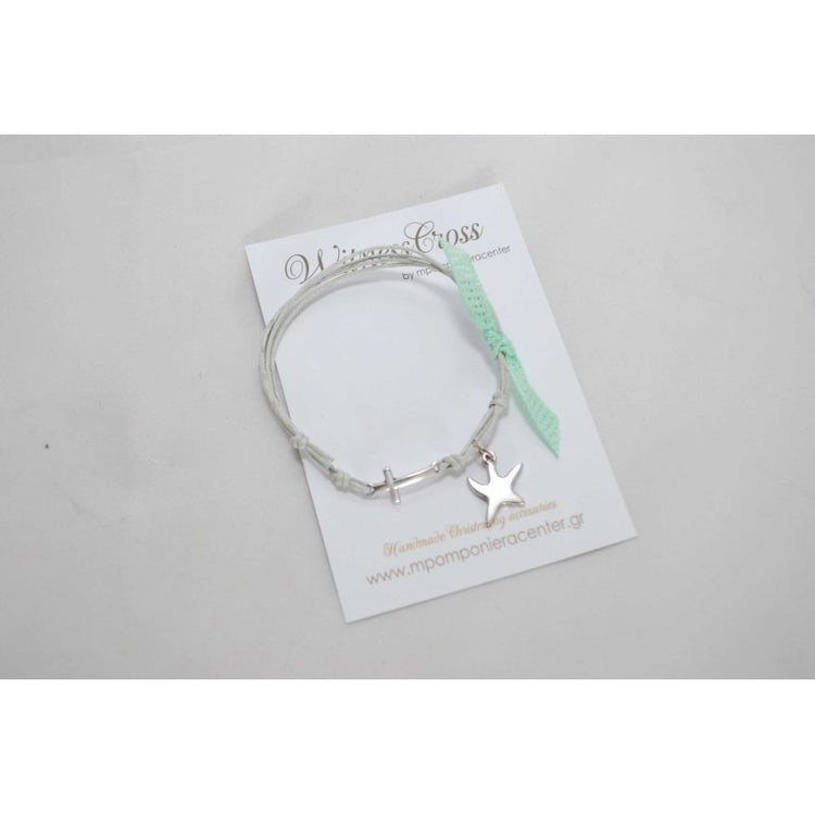 Μαρτυρικό βραχιόλι με αστερία σε γκρί κορδόνι και διακοσμητική κορδέλα βεραμάν