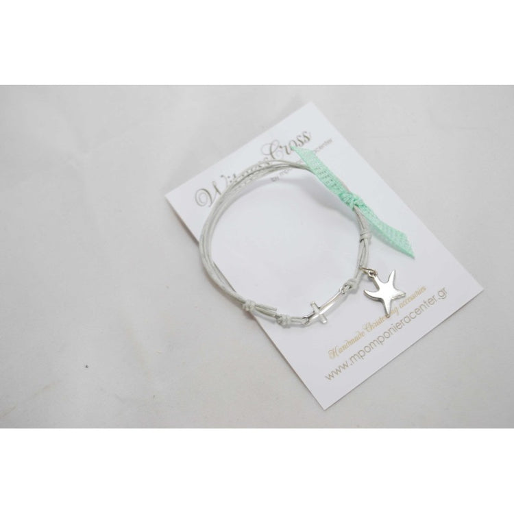 Μαρτυρικό βραχιόλι με αστερία σε γκρί κορδόνι και διακοσμητική κορδέλα βεραμάν