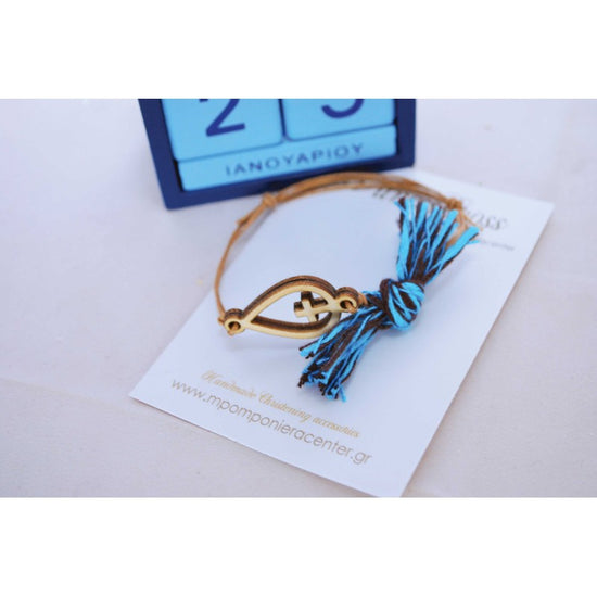 Μαρτυρικό βραχιόλι με ξύλινο σταυρό και πέρλες - τυρκουάζ αποχρώσεις