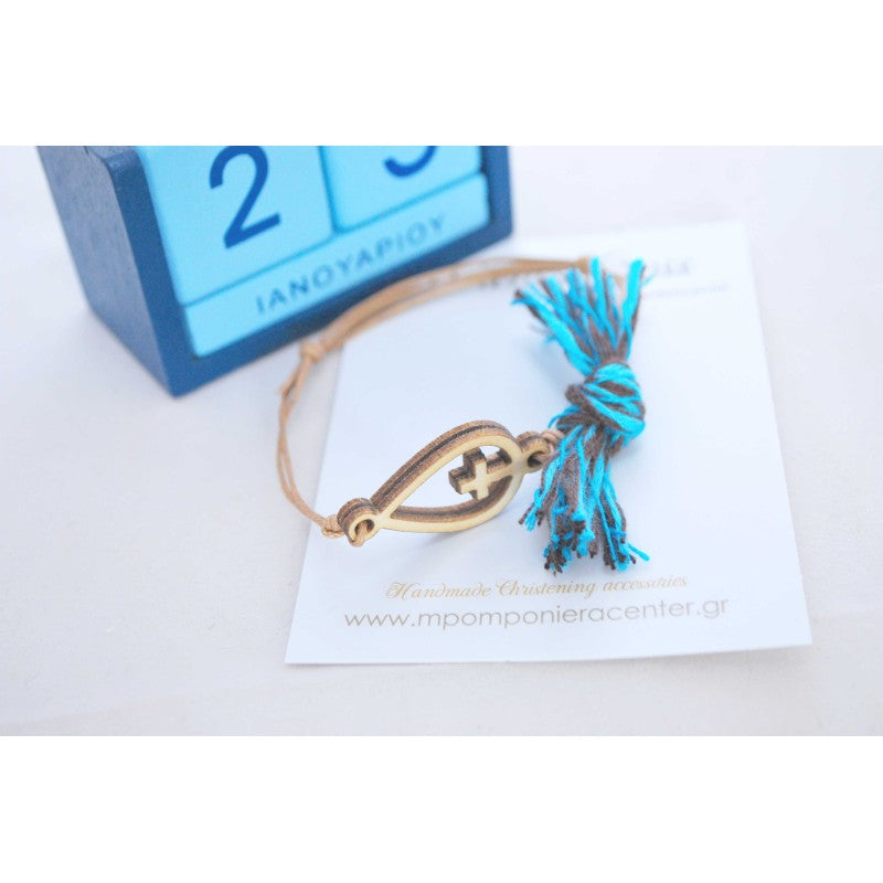 Μαρτυρικό βραχιόλι με ξύλινο σταυρό και πέρλες - τυρκουάζ αποχρώσεις