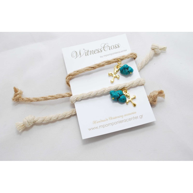 Μαρτυρικό βραχιόλι με κορδόνι, ημιπολύτιμο λίθο τυρκουάζ ακανόνιστο & κρεμαστό σταυρό