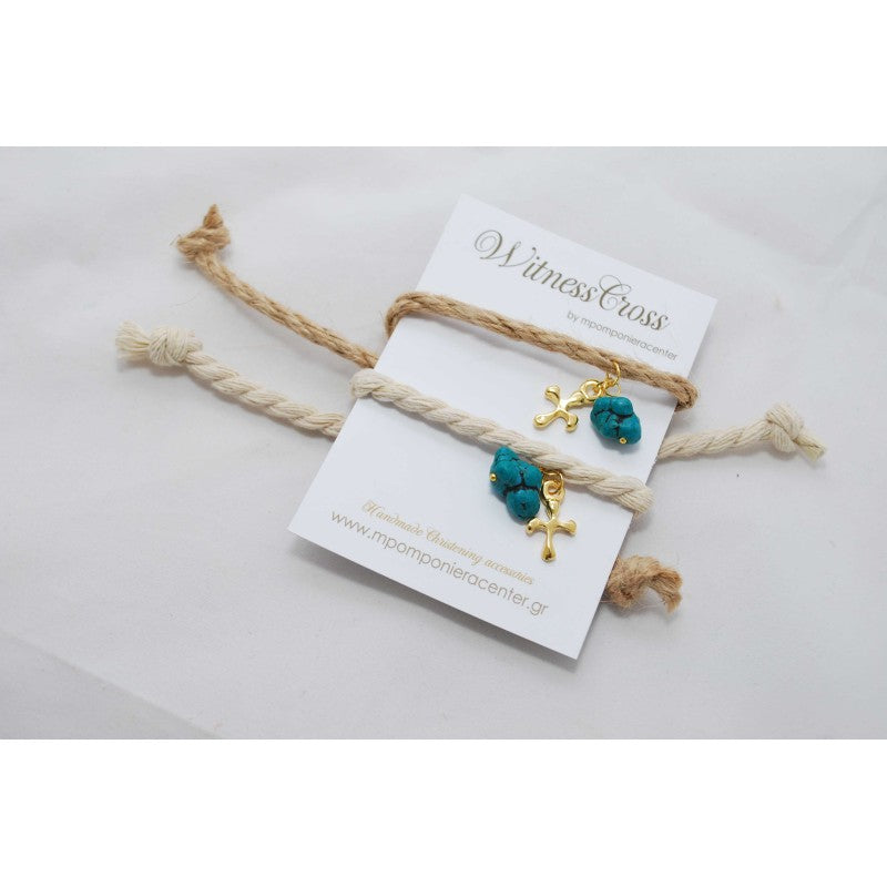 Μαρτυρικό βραχιόλι με κορδόνι, ημιπολύτιμο λίθο τυρκουάζ ακανόνιστο & κρεμαστό σταυρό