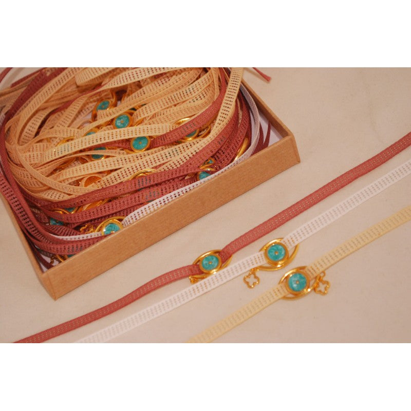 Μαρτυρικό βραχιόλι  με ματάκι & σταυρό μεταλλικό σε μπεζ της άμμου & βεραμάν αποχρώσεις