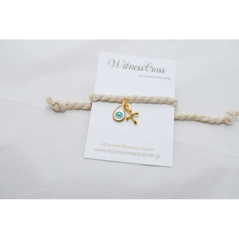 Μαρτυρικό βραχιόλι με κορδόνι, ματάκι σταγόνα με σμάλτο & κρεμαστό σταυρό