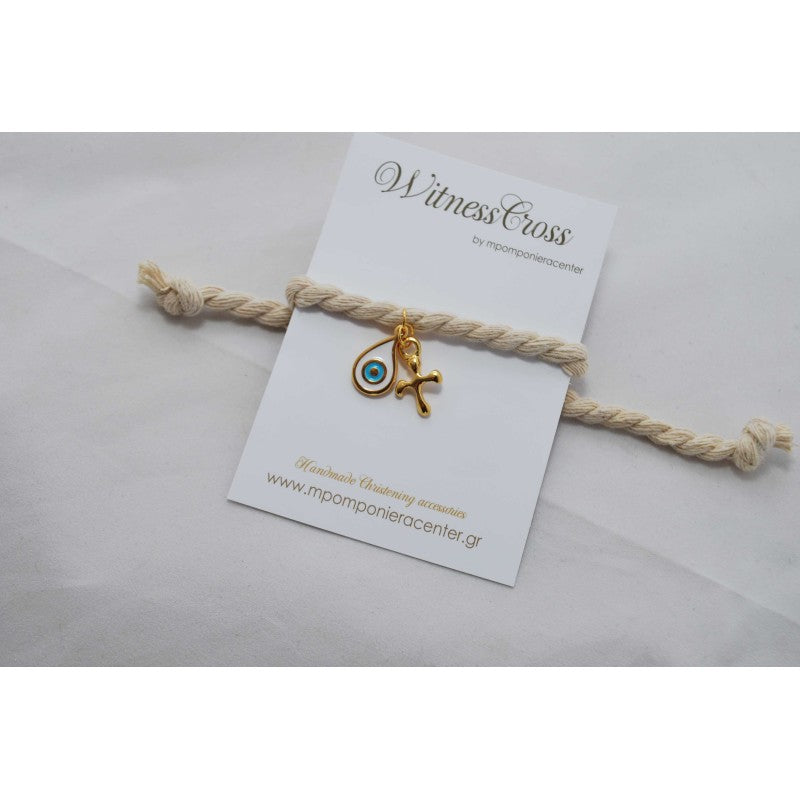 Μαρτυρικό βραχιόλι με κορδόνι, ματάκι σταγόνα με σμάλτο & κρεμαστό σταυρό