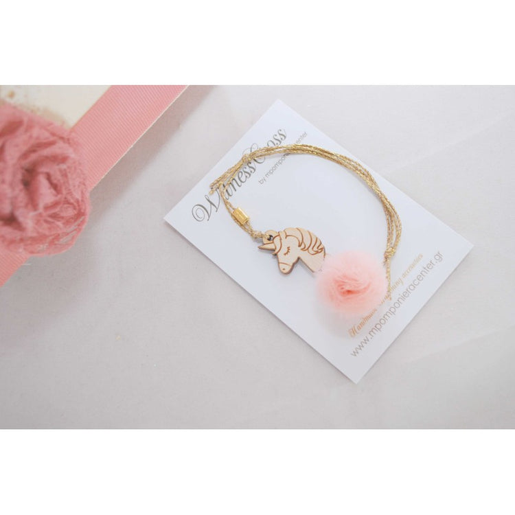 Μαρτυρικό βραχιόλι με μονόκερο ξύλινο , πον-πον τούλινο & σταυρό χάντρα