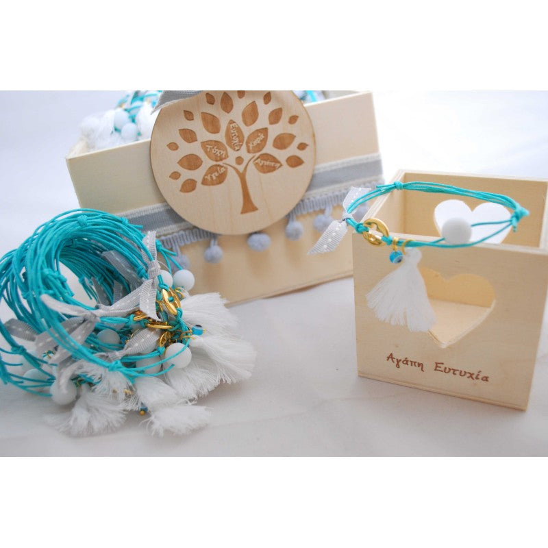 Μαρτυρικό βραχιόλι τυρκουάζ με ιδιαίτερο σταυρό , ματάκι φούντα & χάντρα λευκή