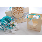 Μαρτυρικό βραχιόλι τυρκουάζ με ιδιαίτερο σταυρό , ματάκι φούντα & χάντρα λευκή