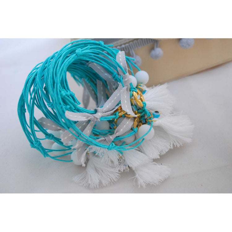 Μαρτυρικό βραχιόλι τυρκουάζ με ιδιαίτερο σταυρό , ματάκι φούντα & χάντρα λευκή