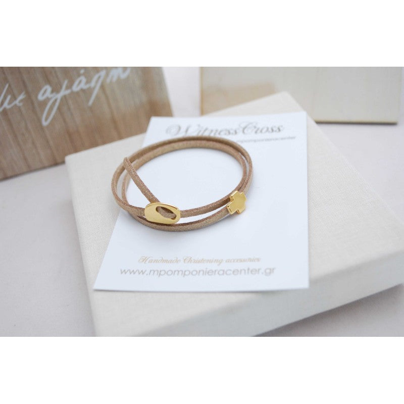 Μαρτυρικό βραχιόλι με ιδιαίτερο σουέτ κορδόνι , περαστό σταυρό και κούμπωμα