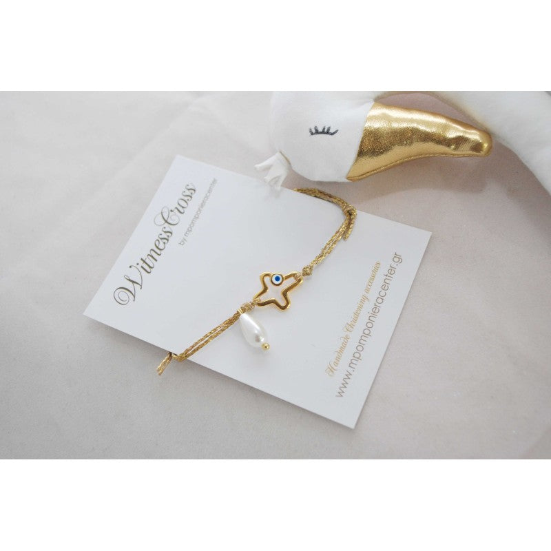 Μαρτυρικό βραχιόλι με ένα ιδιαίτερο σταυρό με μάτι εσωτερικά (σμάλτου) και πέρλα σταγόνα κρεμαστή σταγόνα