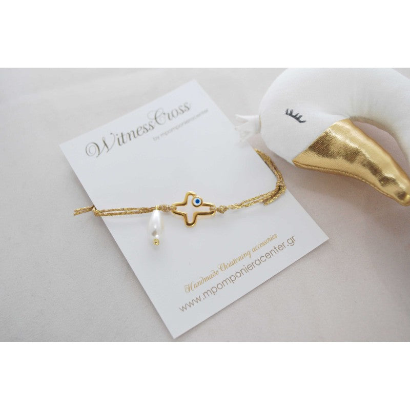 Μαρτυρικό βραχιόλι με ένα ιδιαίτερο σταυρό με μάτι εσωτερικά (σμάλτου) και πέρλα κρεμαστή σταγόνα