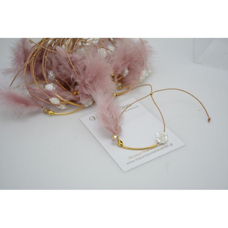 Μαρτυρικό βραχιόλι με ιδιαίτερο δέσιμο , πούπουλο, κρεμαστή μπίλια,  περαστό σταυρό και τριαντάφυλλο