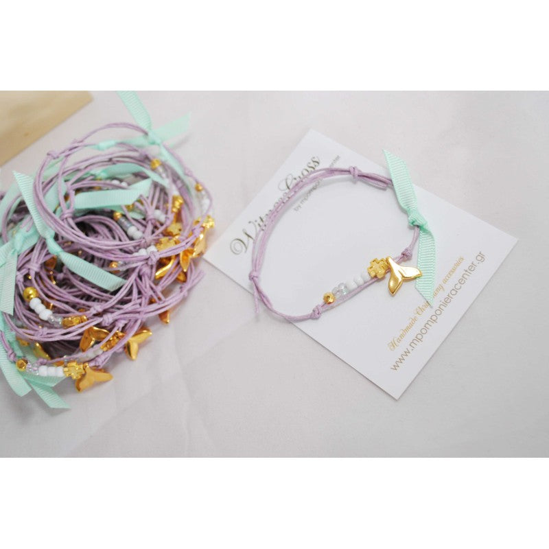 Μαρτυρικό βραχιόλι με ουρά γοργόνα, χάντρες, περαστό σταυρό χρυσό  & χάντρες σε λιλά αποχρώσεις