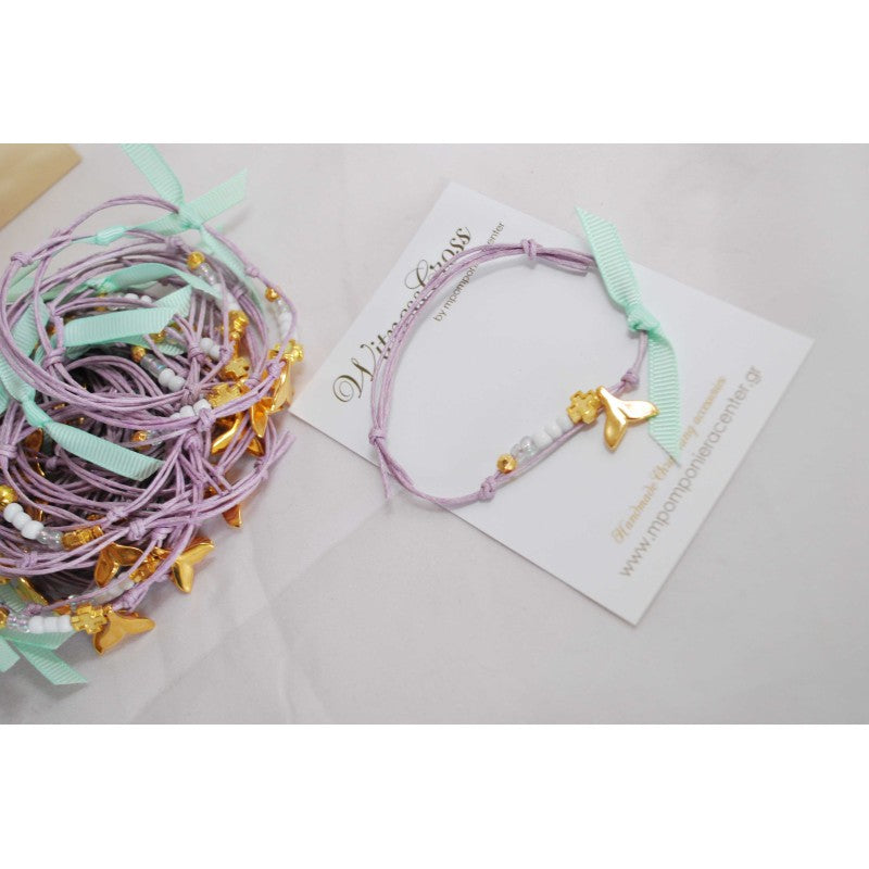Μαρτυρικό βραχιόλι με ουρά γοργόνα, χάντρες, περαστό σταυρό χρυσό  & χάντρες σε λιλά αποχρώσεις