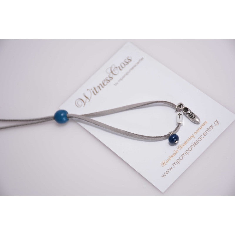 Μαρτυρικό βραχιόλι ποδοσφαιρικό παπούτσι με χάντρα & σταυρό (θέμα ποσόσφαιρο) - κορδόνι σουέτ