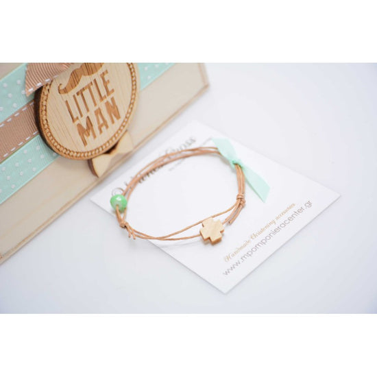 Μαρτυρικό βραχιόλι με σταυρό ξύλινο σε φυσικές αποχρώσεις και βεραμάν