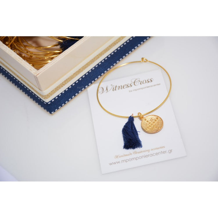 Μαρτυρικό βραχιόλι βέργα με Αγιο - Κωνσταντινάτο σε χρυσό , μπλέ σκούρα φούντα