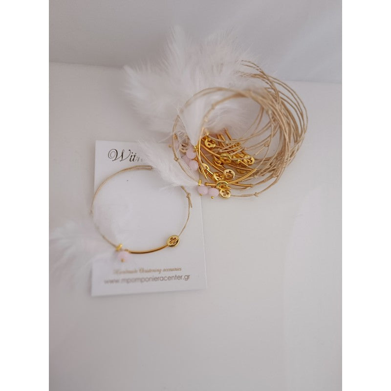 Μαρτυρικό βραχιόλι με ιδιαίτερο δέσιμο , πούπουλο, κρεμαστή μπίλια ροζ,  περαστό σταυρό σε χρυσό