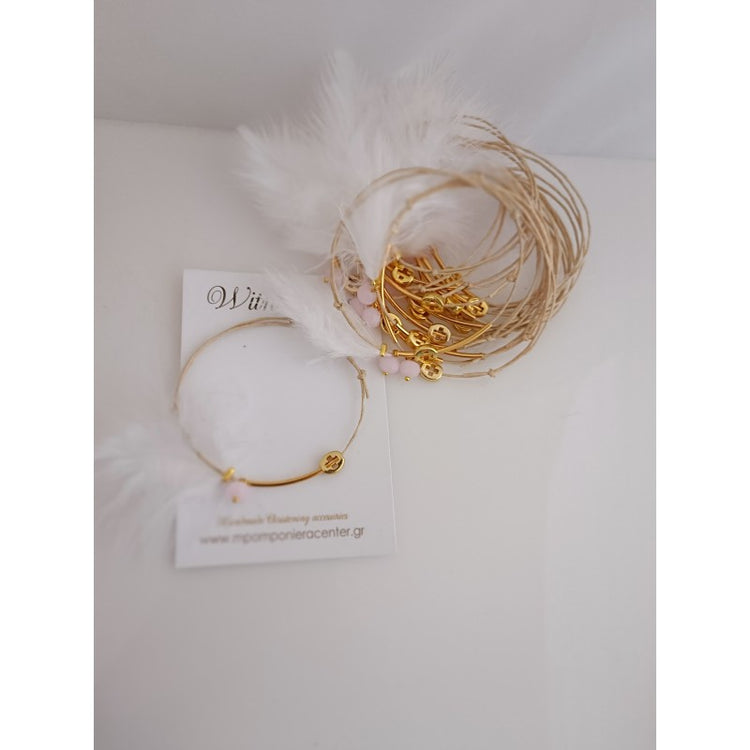 Μαρτυρικό βραχιόλι με ιδιαίτερο δέσιμο , πούπουλο, κρεμαστή μπίλια ροζ,  περαστό σταυρό σε χρυσό