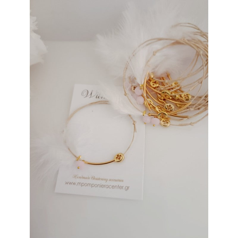 Μαρτυρικό βραχιόλι με ιδιαίτερο δέσιμο , πούπουλο, κρεμαστή μπίλια ροζ,  περαστό σταυρό σε χρυσό