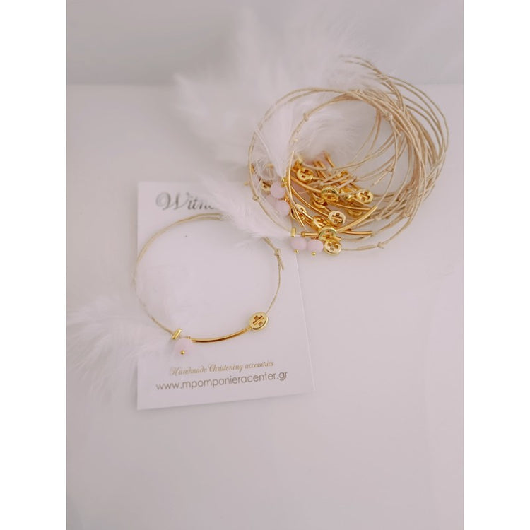 Μαρτυρικό βραχιόλι με ιδιαίτερο δέσιμο , πούπουλο, κρεμαστή μπίλια ροζ,  περαστό σταυρό σε χρυσό