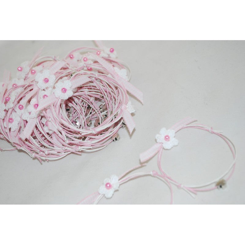 Μαρτυρικό μαργαρίτα πλεκτή vintage & σταυρό ασημί - κορδόνι ροζ, λευκό δίχρωμο