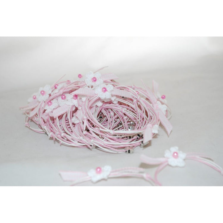 Μαρτυρικό μαργαρίτα πλεκτή vintage & σταυρό ασημί - κορδόνι ροζ, λευκό δίχρωμο