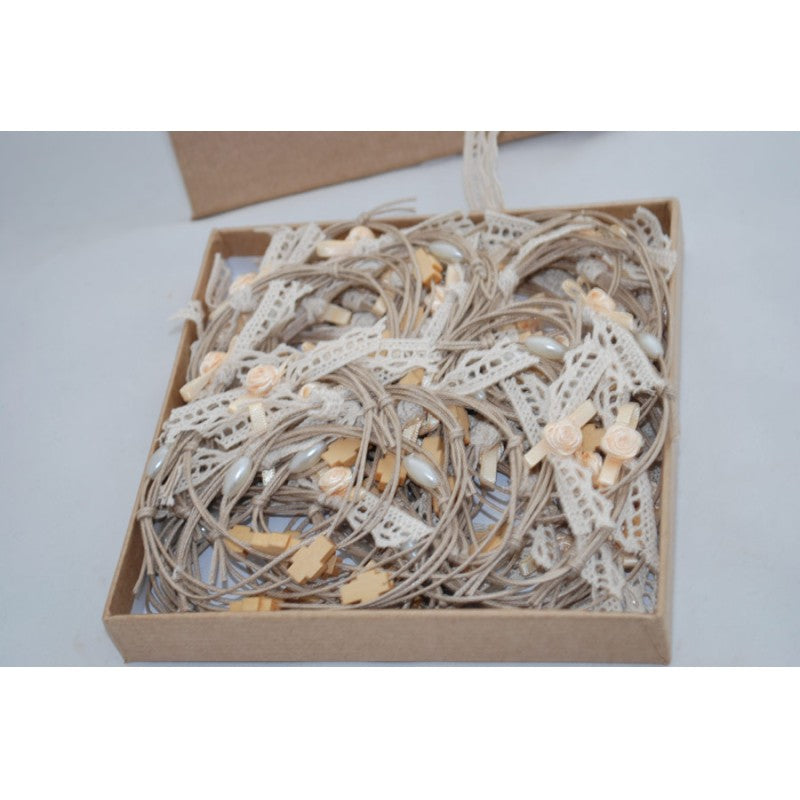 Μαρτυρικό βραχιόλι vintage με σταυρό ξύλινο & δαντέλα με τριανταφυλλάκι