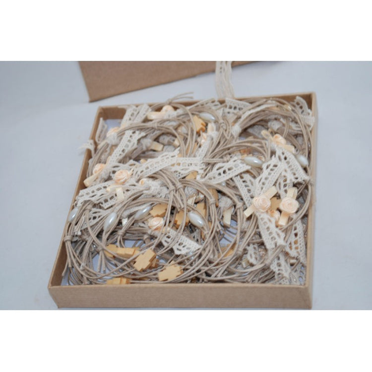 Μαρτυρικό βραχιόλι vintage με σταυρό ξύλινο & δαντέλα με τριανταφυλλάκι