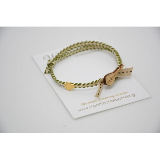 Μαρτυρικό βραχιόλι δίχρωμο πράσσινο - μπέζ με σταυρό και κρητική λύρα