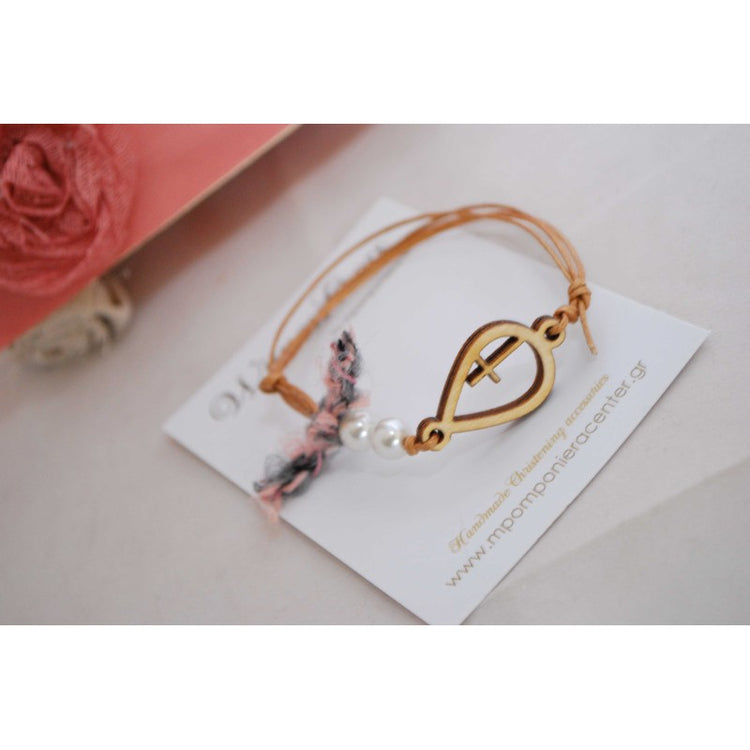 Μαρτυρικό βραχιόλι με ξύλινο σταυρό και πέρλες , ρομαντικό ύφος