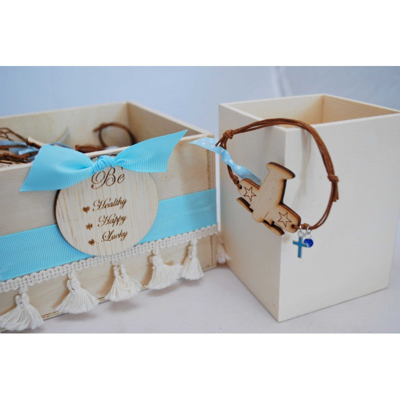 Μαρτυρικό βραχιόλι με ξύλινο αεροπλανάκι , ματάκι και σταυρό μεταλλικό