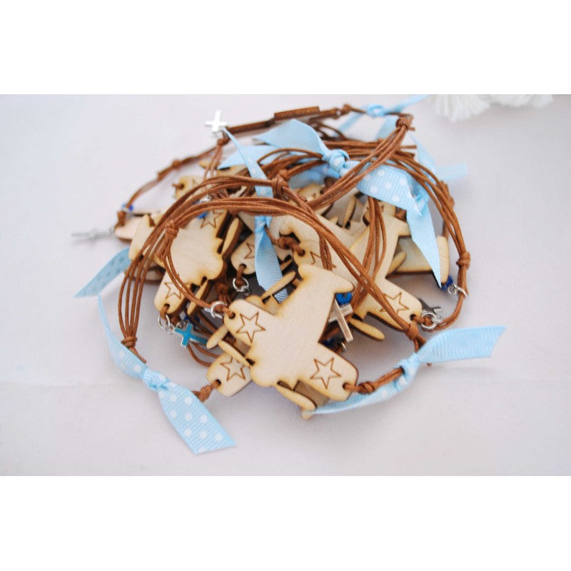 Μαρτυρικό βραχιόλι με ξύλινο αεροπλανάκι , ματάκι και σταυρό μεταλλικό