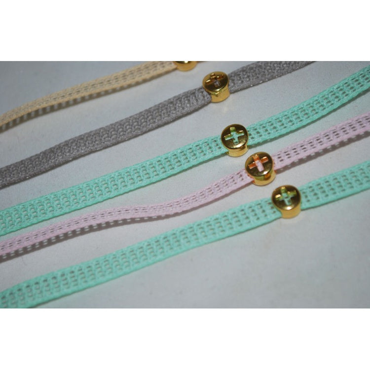 Μαρτυρικό βραχιόλι σε βεραμάν, γκρι, ροζ ή μπεζ με ιδιαίτερο περαστό σταυρό σε χρυσό