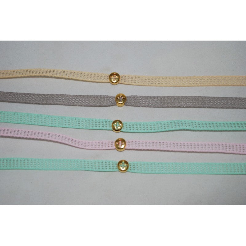 Μαρτυρικό βραχιόλι σε βεραμάν, γκρι, ροζ ή μπεζ με ιδιαίτερο περαστό σταυρό σε χρυσό