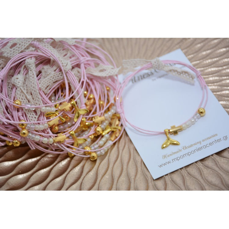 Μαρτυρικό βραχιόλι με ουρά γοργόνα, χάντρες, περαστό σταυρό χρυσό και δαντέλα